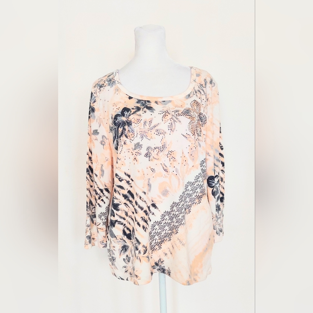 Onque Casuals 3/4 Sleeve Embellished Floral Knit Top Size PXL Petites